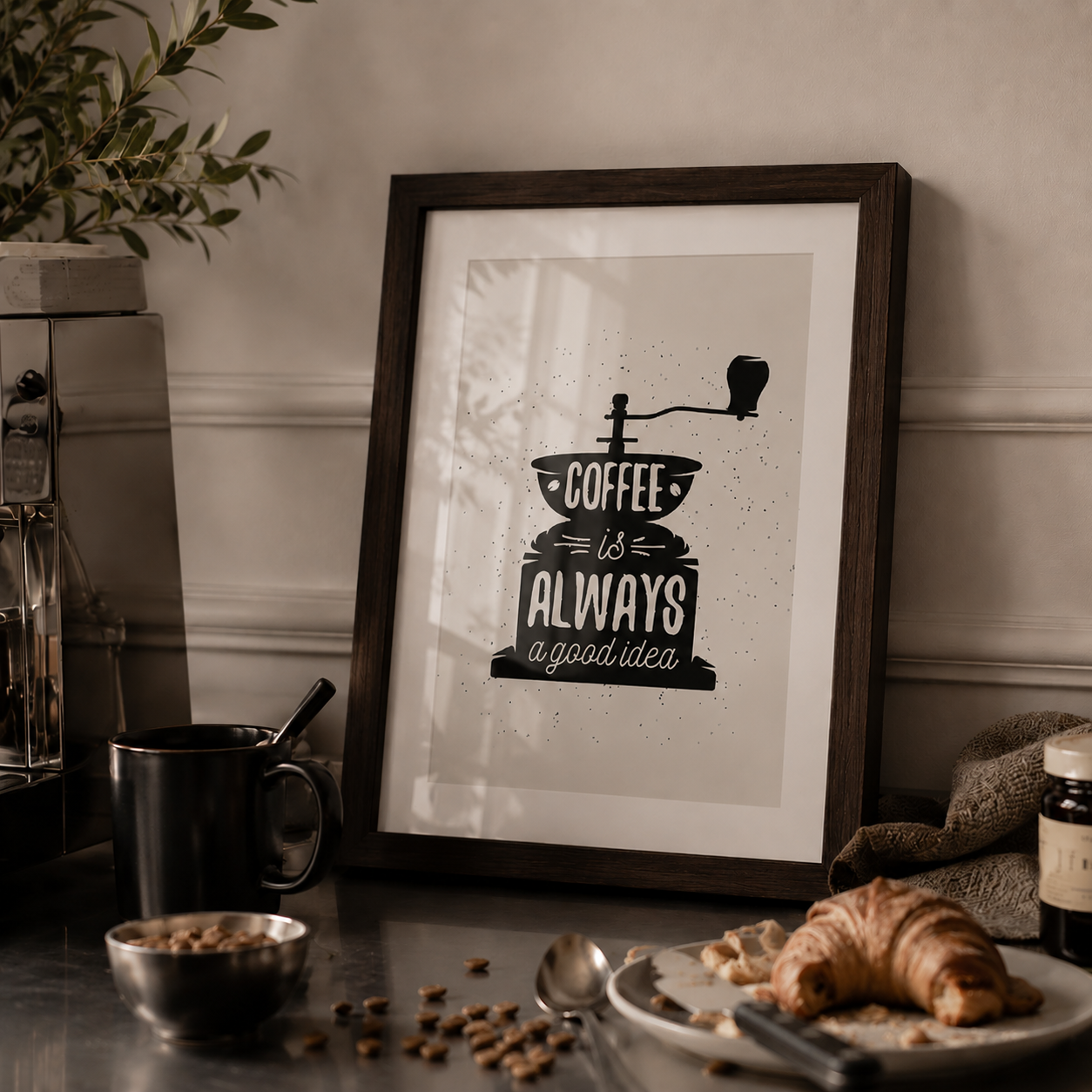 Framed print with 'Coffee is always a good idea' text in a kitchen setting with coffee beans, a croissant, and a mug.