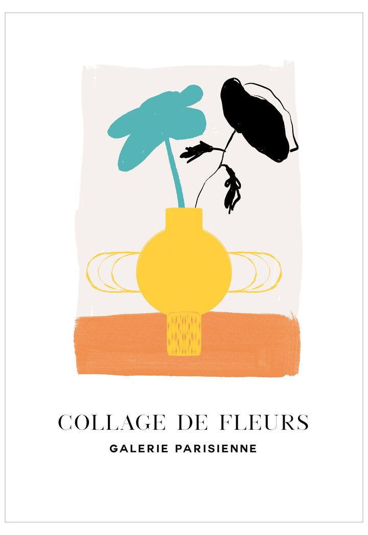 Poster with abstract design of a vase and plant, featuring the text 'Collage de Fleurs Galerie Parisienne'.
