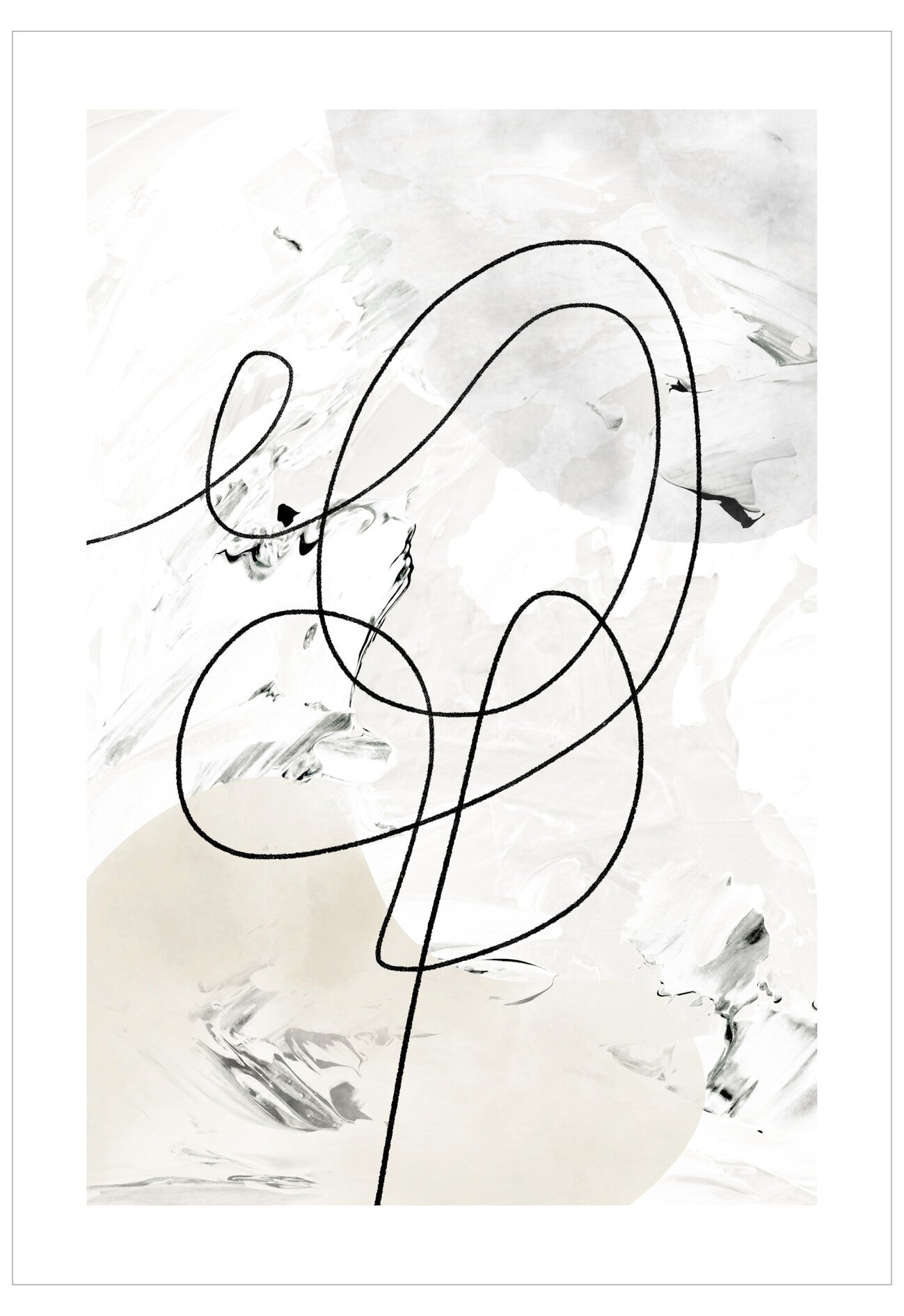 Abstract black line art on a white and gray marbled background