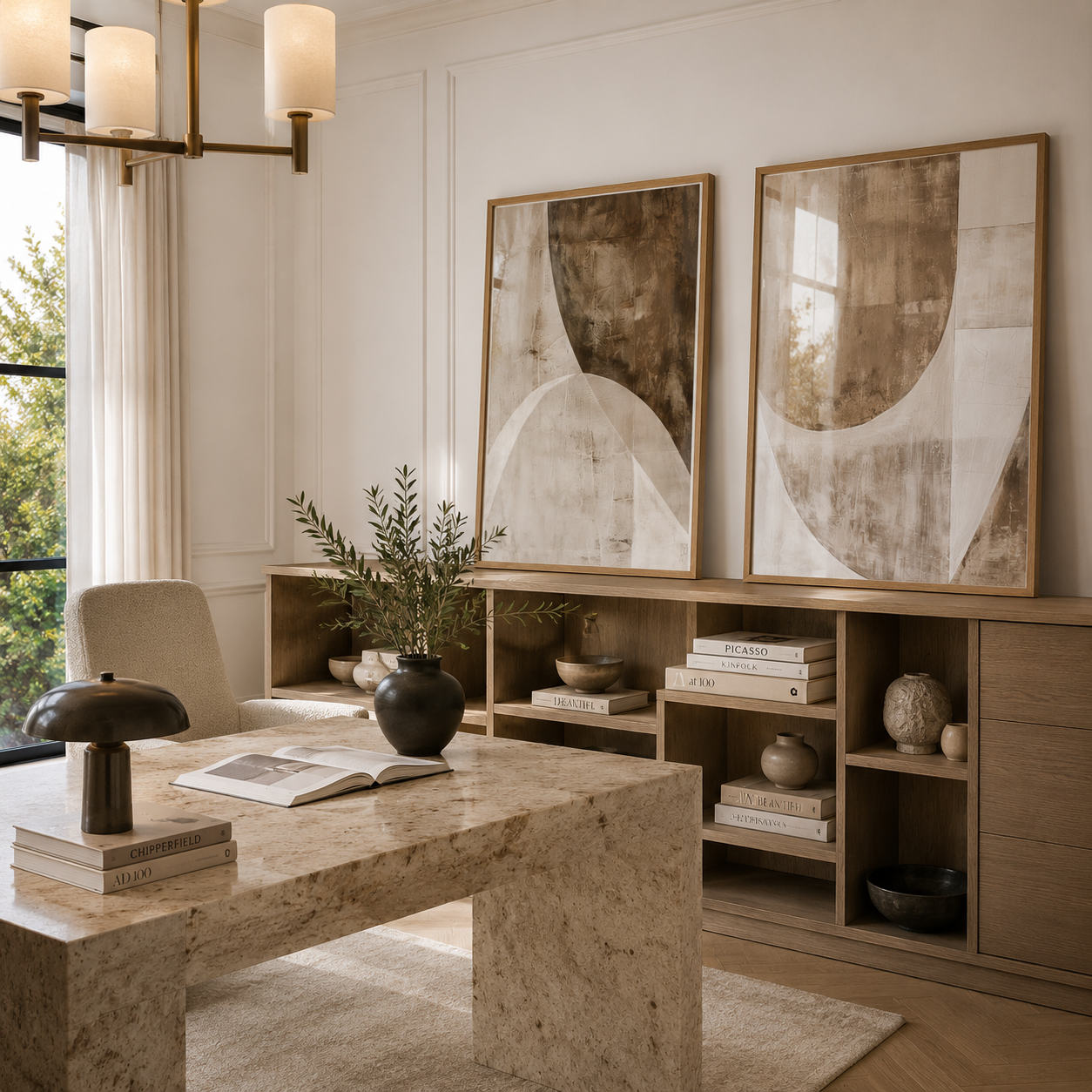 Modern home office with marble desk, abstract art, and bookshelf.