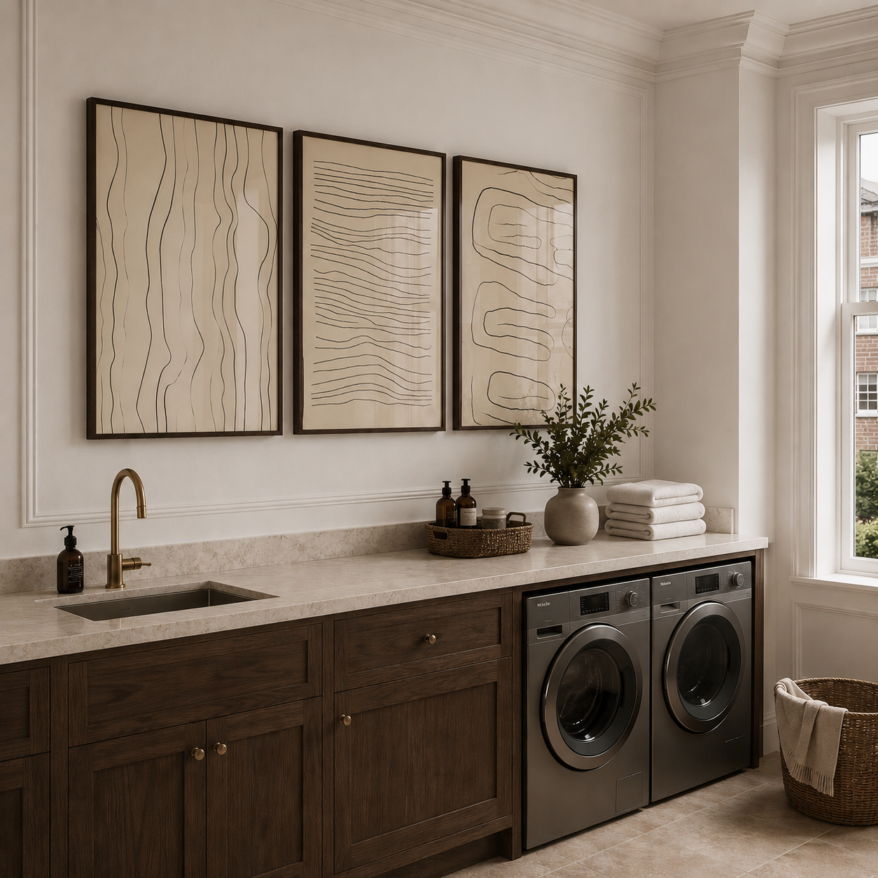 Modern laundry room with washer and dryer, wooden cabinets, and abstract neutral gallery wall art.