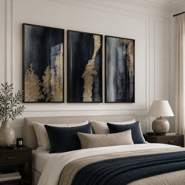 Modern bedroom with abstract wall art, bed, and side tables.