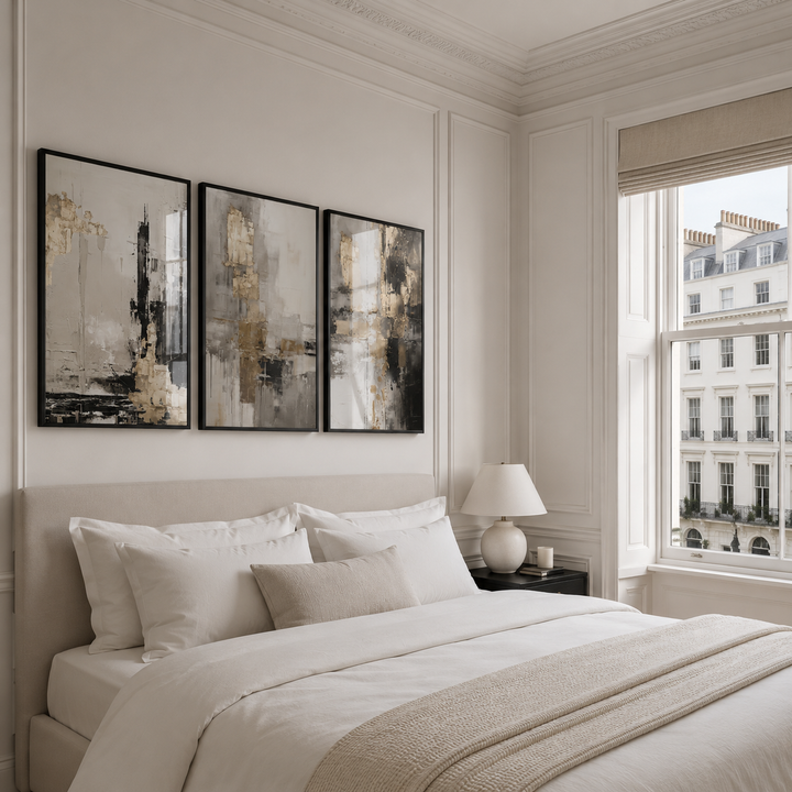 Neatly made bed in a bedroom with abstract art on the wall and a window view.