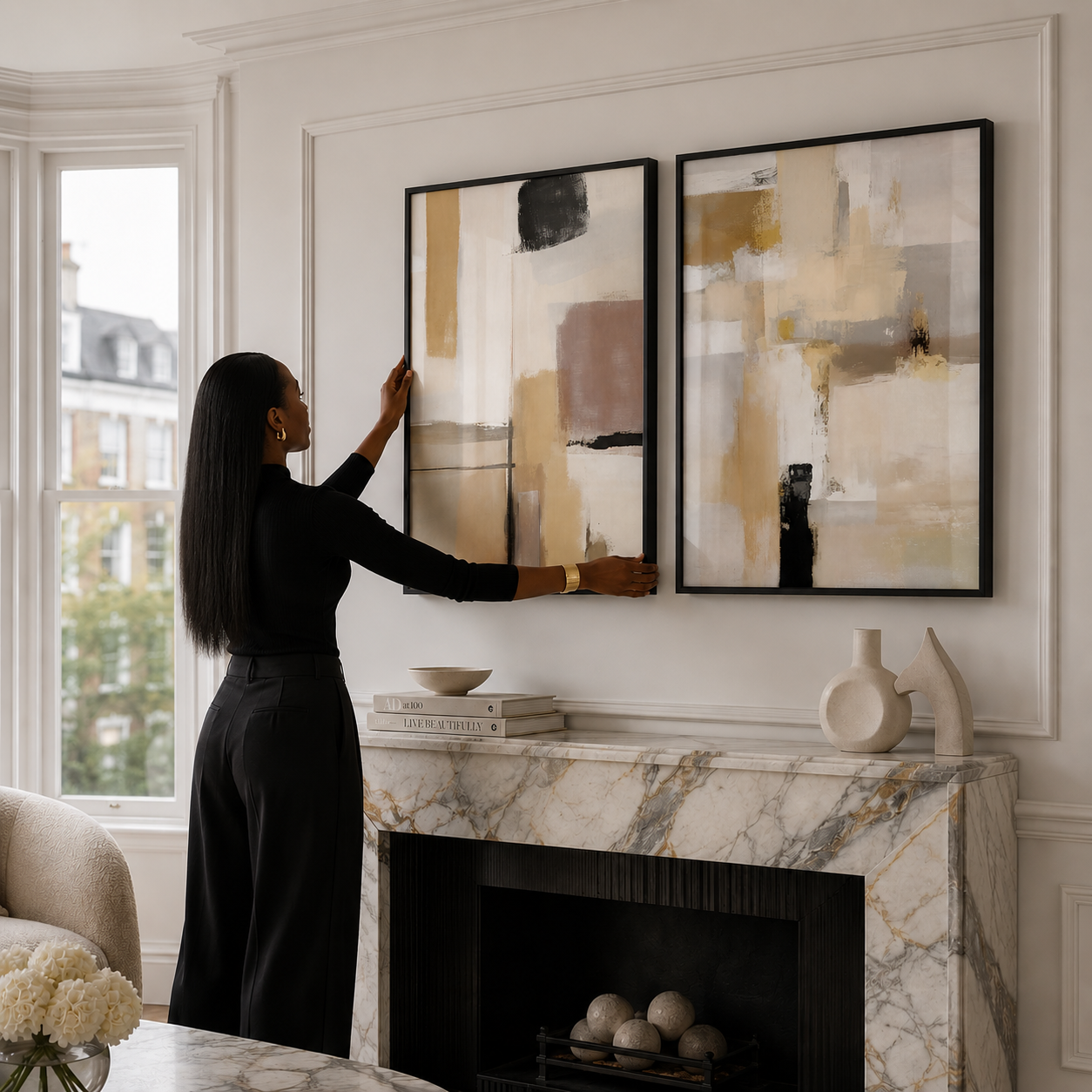 Woman arranging abstract art frames on a wall above a fireplace in luxury London townhouse