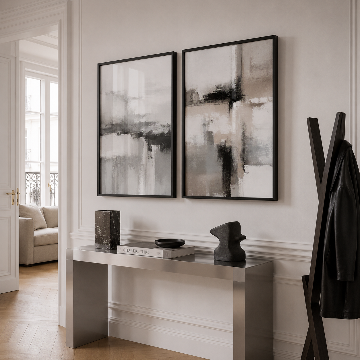 Modern interior with abstract art on the wall and a console table.