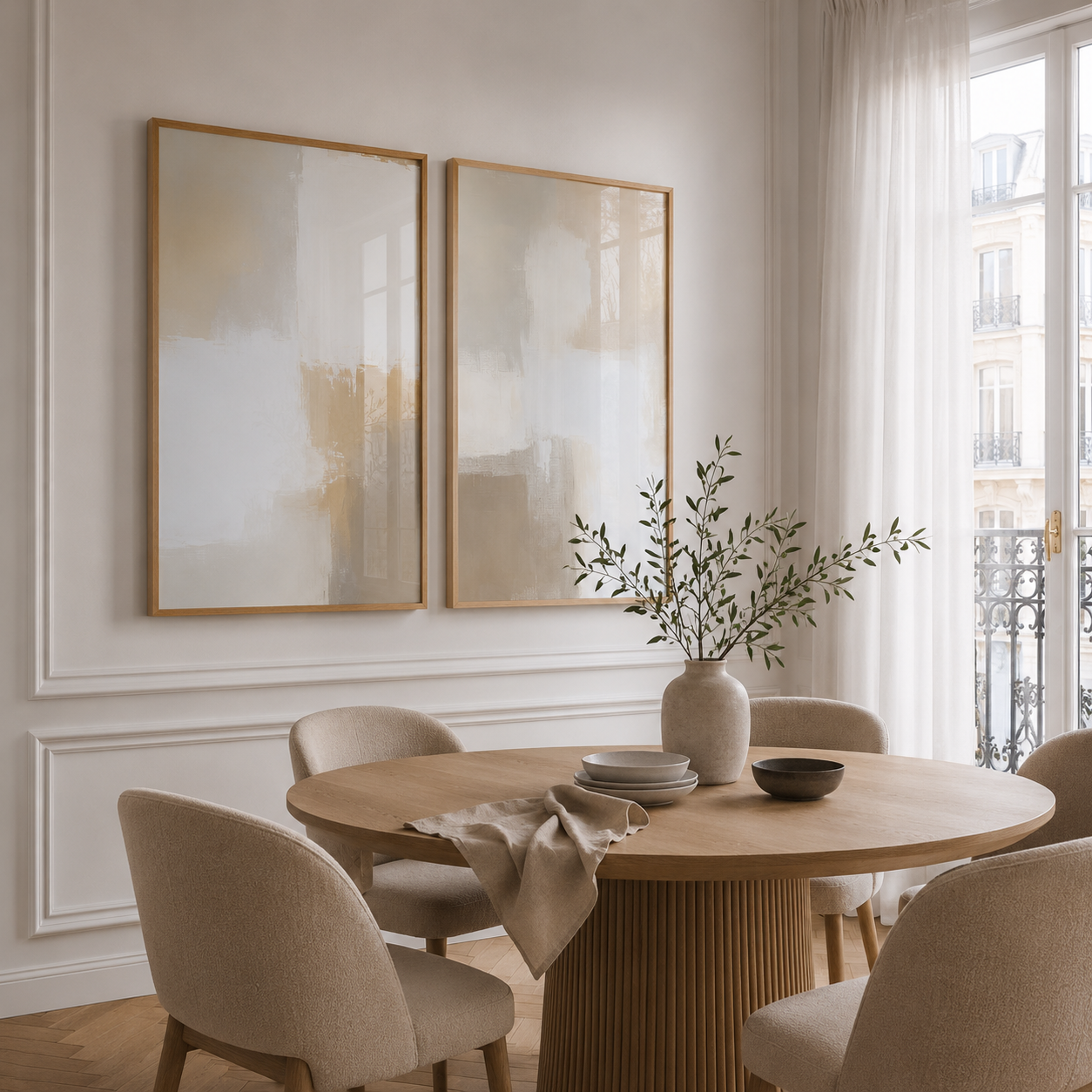Dining room with round wooden table, beige chairs, and framed mirrors on the wall.