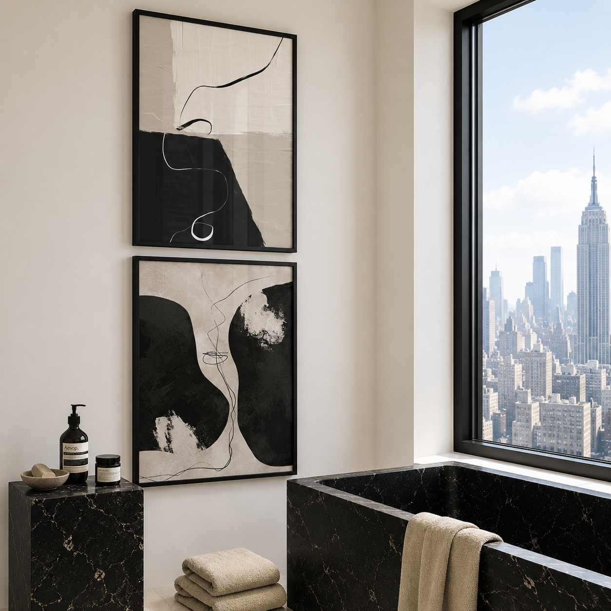 Bathroom with abstract art on the wall and a cityscape view from a window.