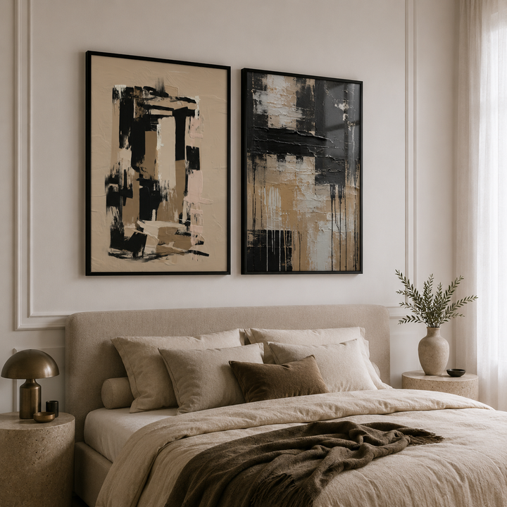 Modern bedroom with abstract art on the wall, bed with pillows, and side tables.