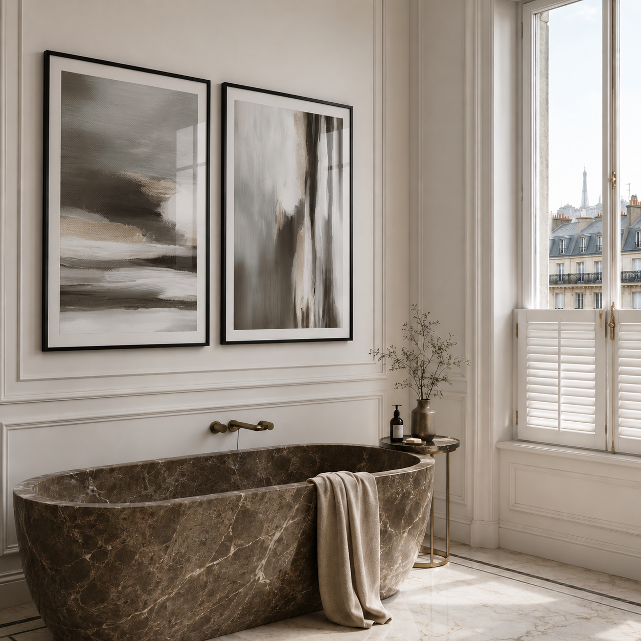 Marble bathtub in a stylish bathroom with abstract art and natural light.
