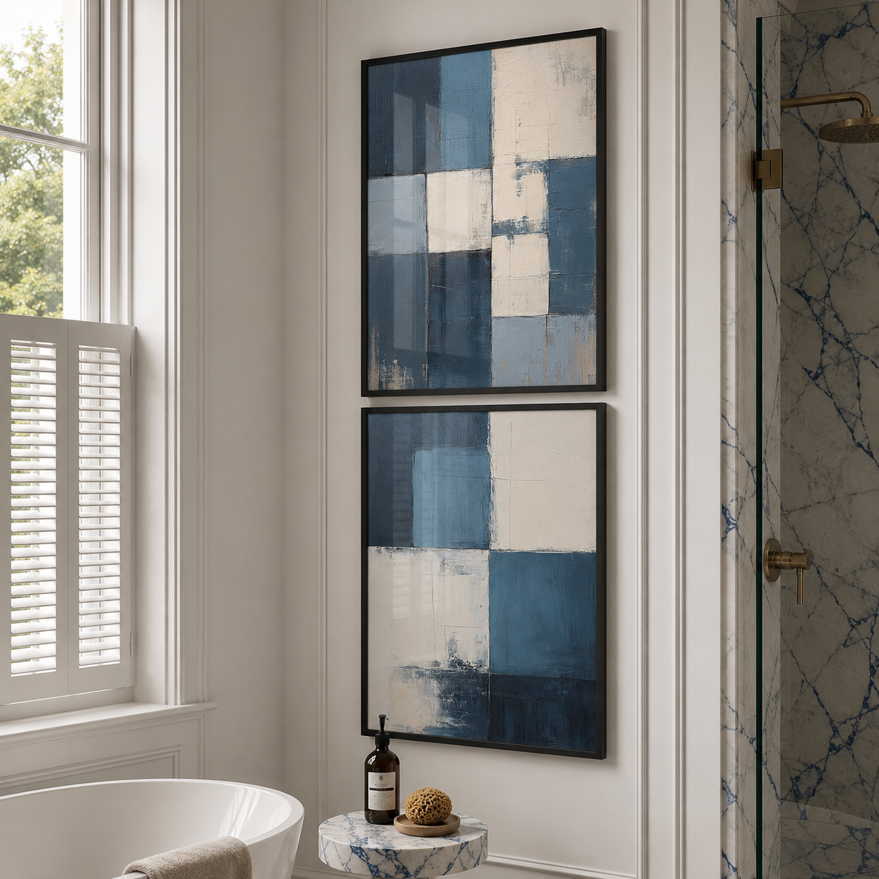 Blue abstract print set in luxury london townhouse bathroom with marble shower