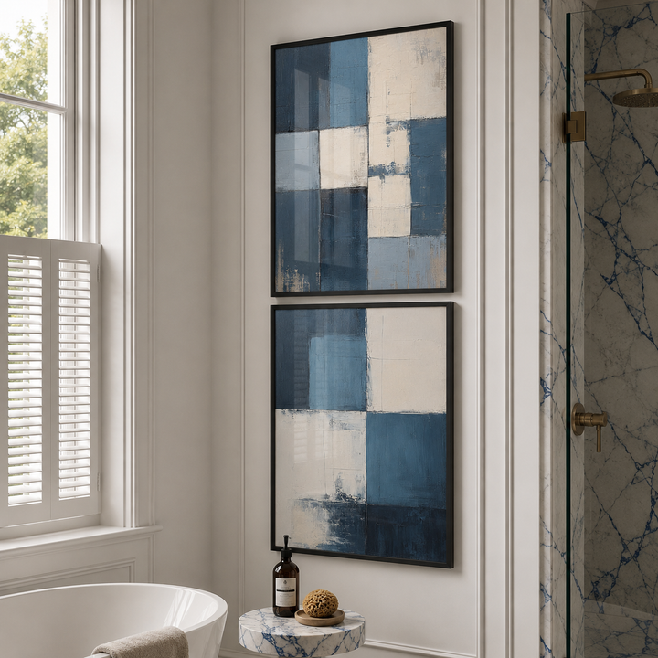 Blue abstract print set in luxury london townhouse bathroom with marble shower