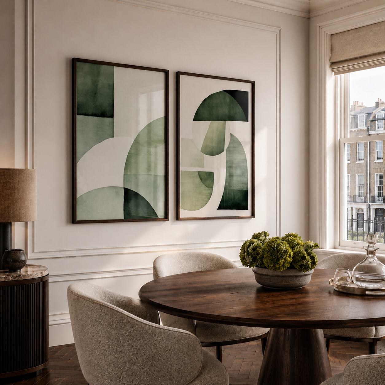 Dining room with a wooden table, chairs, and abstract green art on the wall.