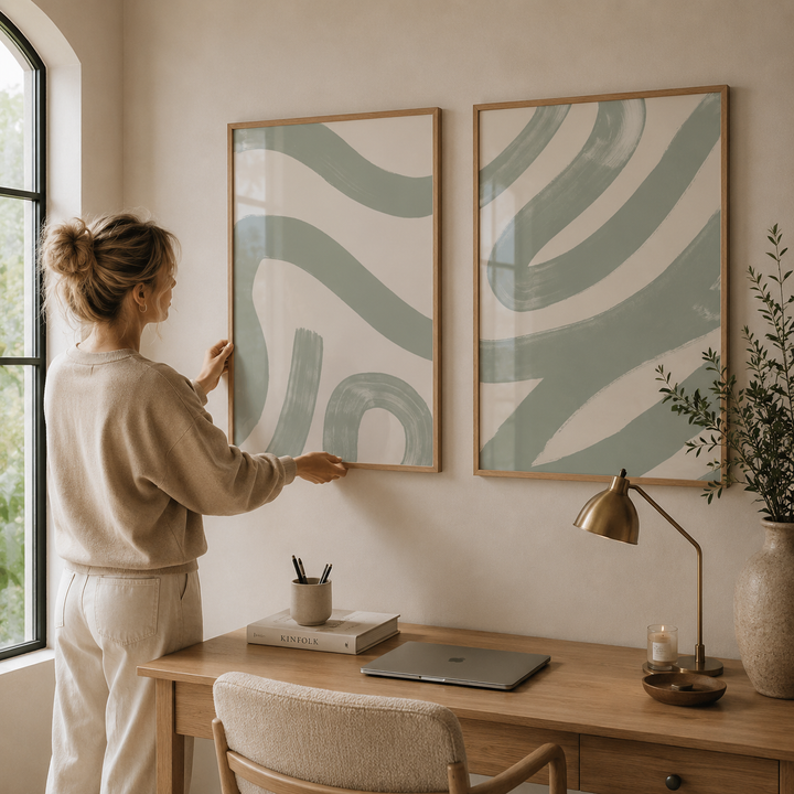 Woman hanging green abstract art on a wall in a home office setting