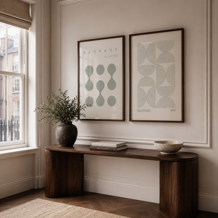 Modern interior with a wooden console table, decorative items, and framed art on the wall.