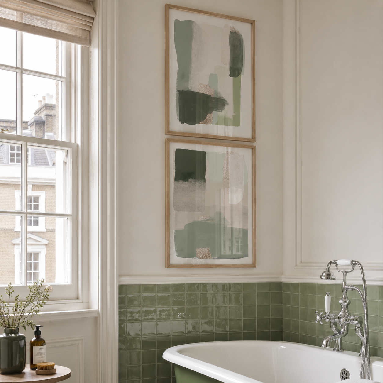 Bathroom with green tiled walls, a white bathtub, and abstract art on the wall.