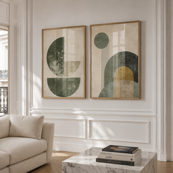 Green and Beige Abstract Wall Art Print Set in Paris Apartment