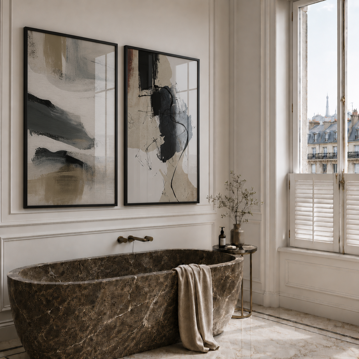 Modern bathroom with marble bathtub, abstract art, and large window.