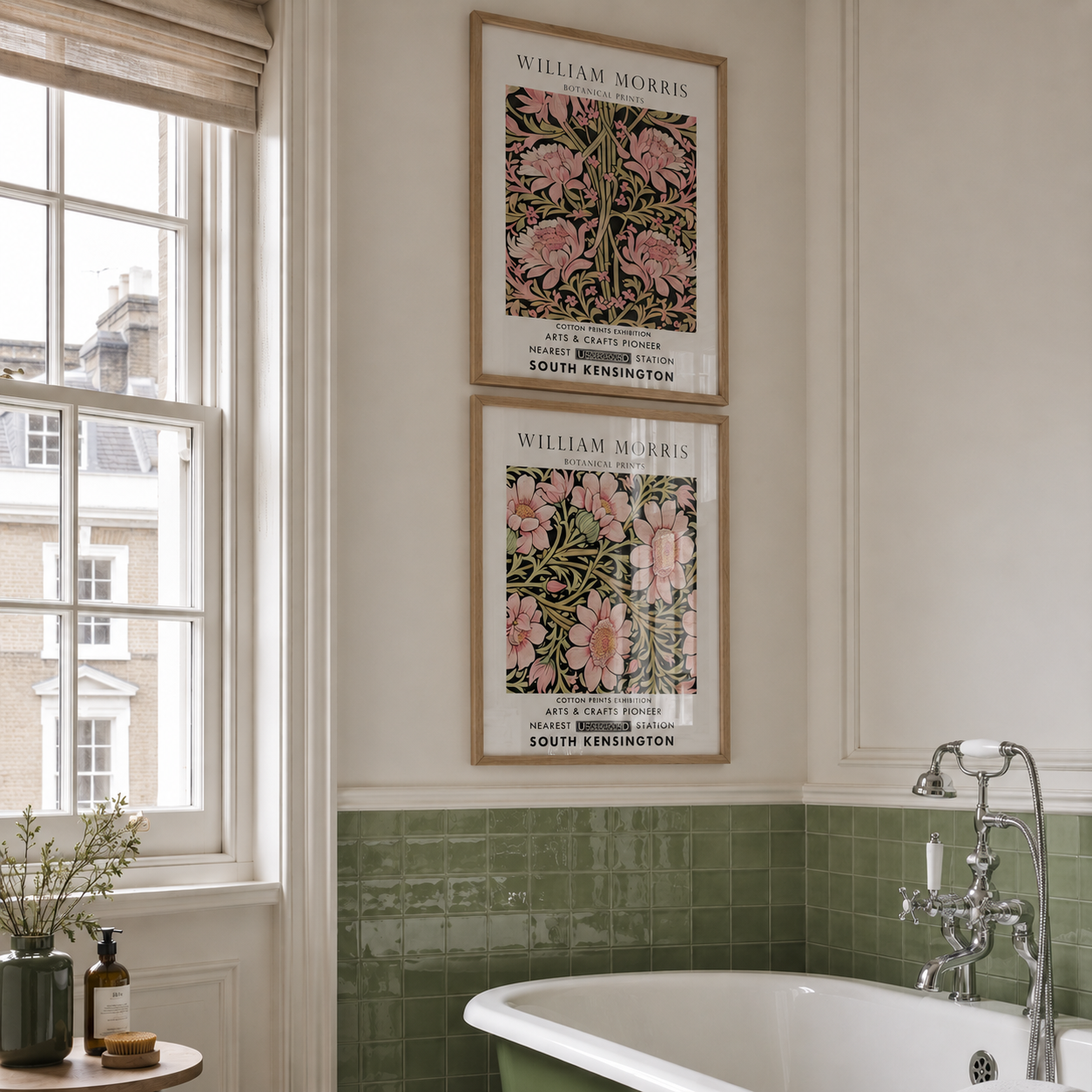Bathroom with green tiles, a bathtub, and framed William Morris artwork.