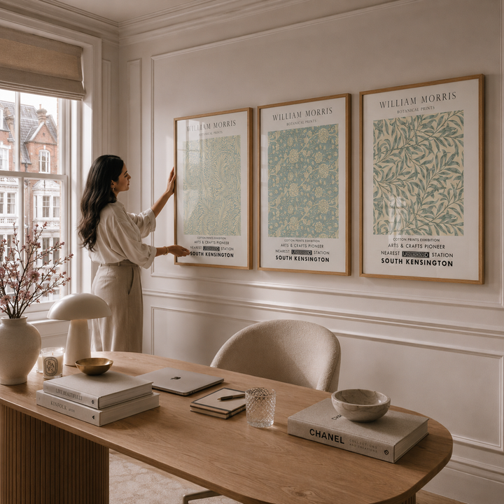 Woman arranging framed prints on a wall in a stylish room with a desk and decor items.