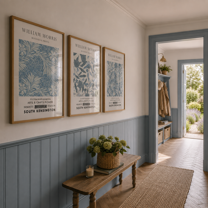 Narrow hallway with framed artwork on the wall, wooden bench, and open door to a garden.