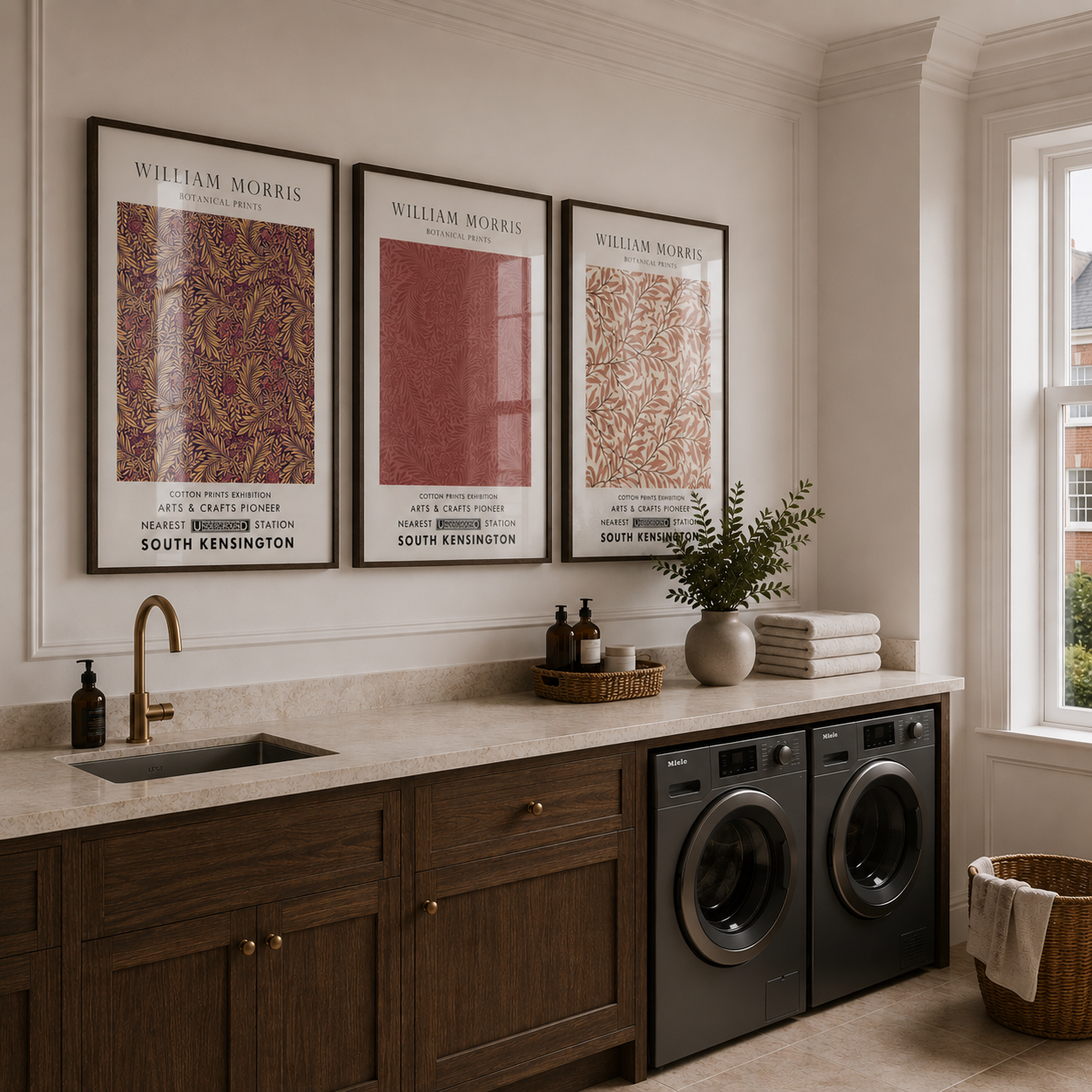 Modern laundry room with wooden cabinets, washing machine, dryer, and framed artwork on the wall.