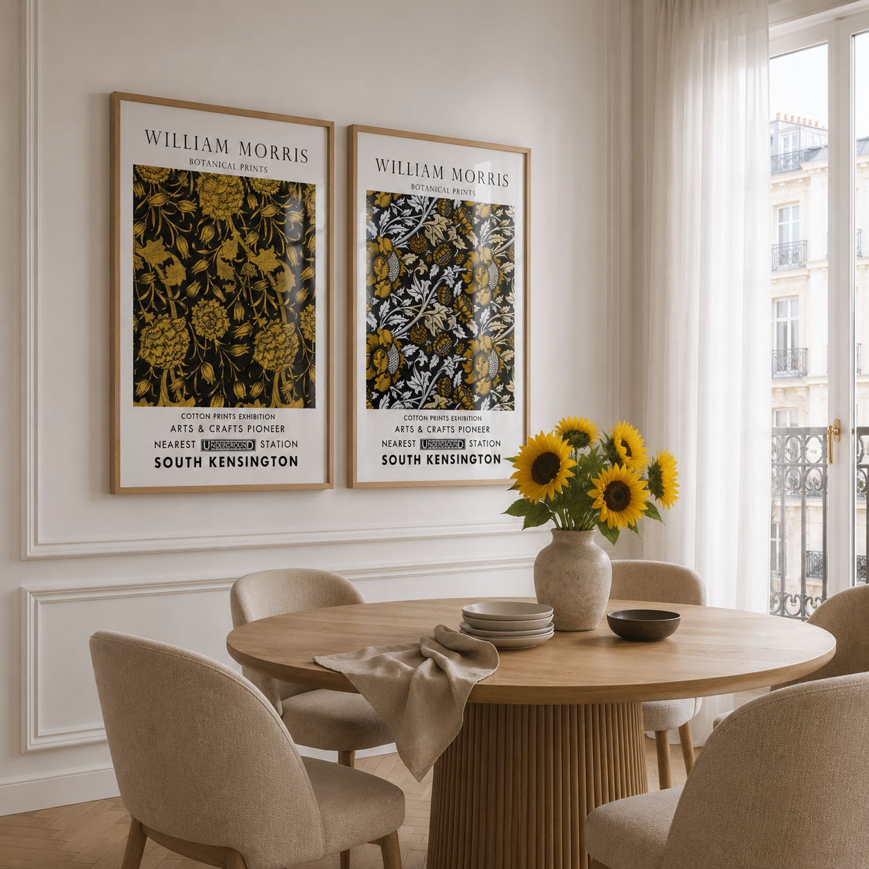 William Morris yellow botanical art in stylish dining room