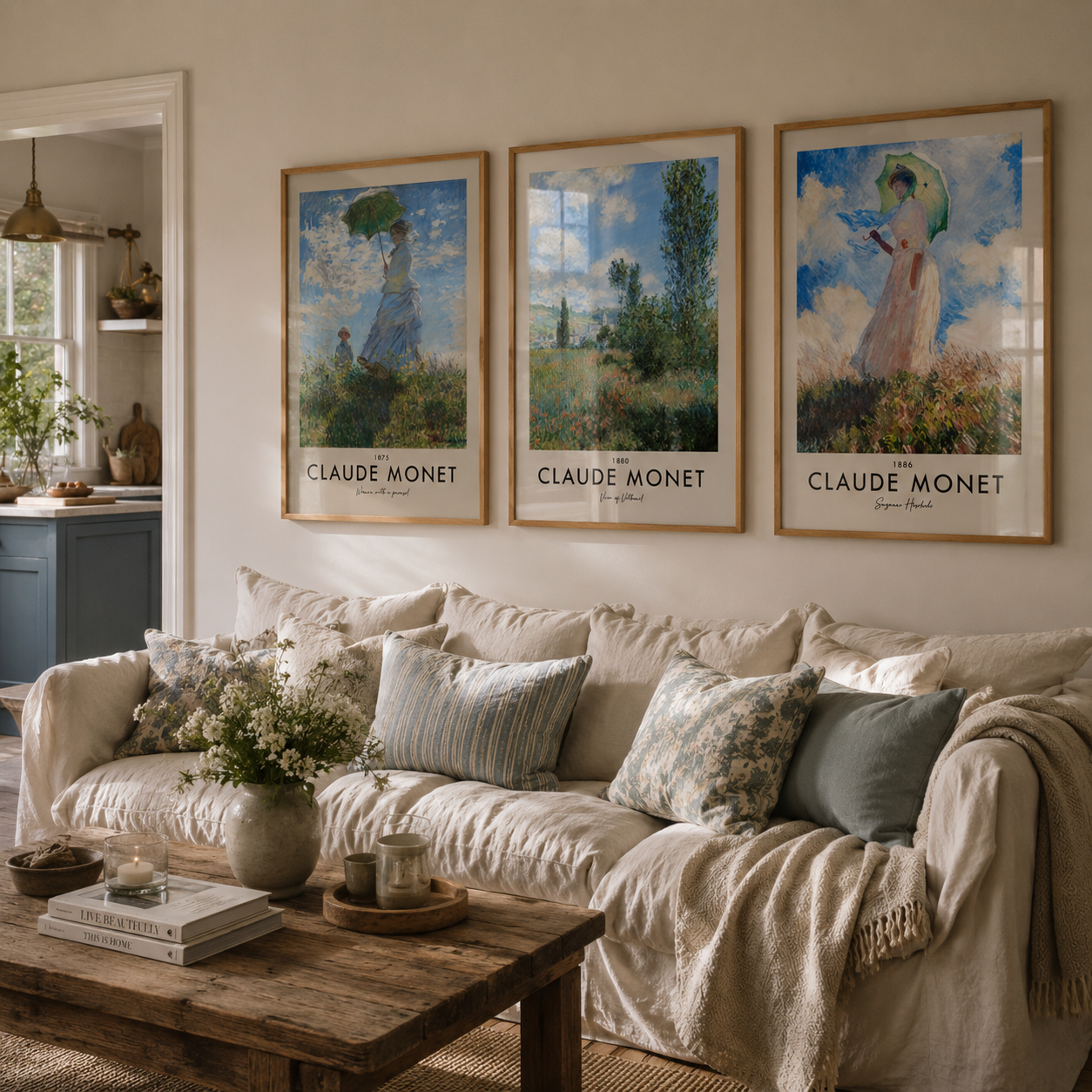 Living room with a beige sofa, wooden coffee table, and three framed Claude Monet artworks on the wall.