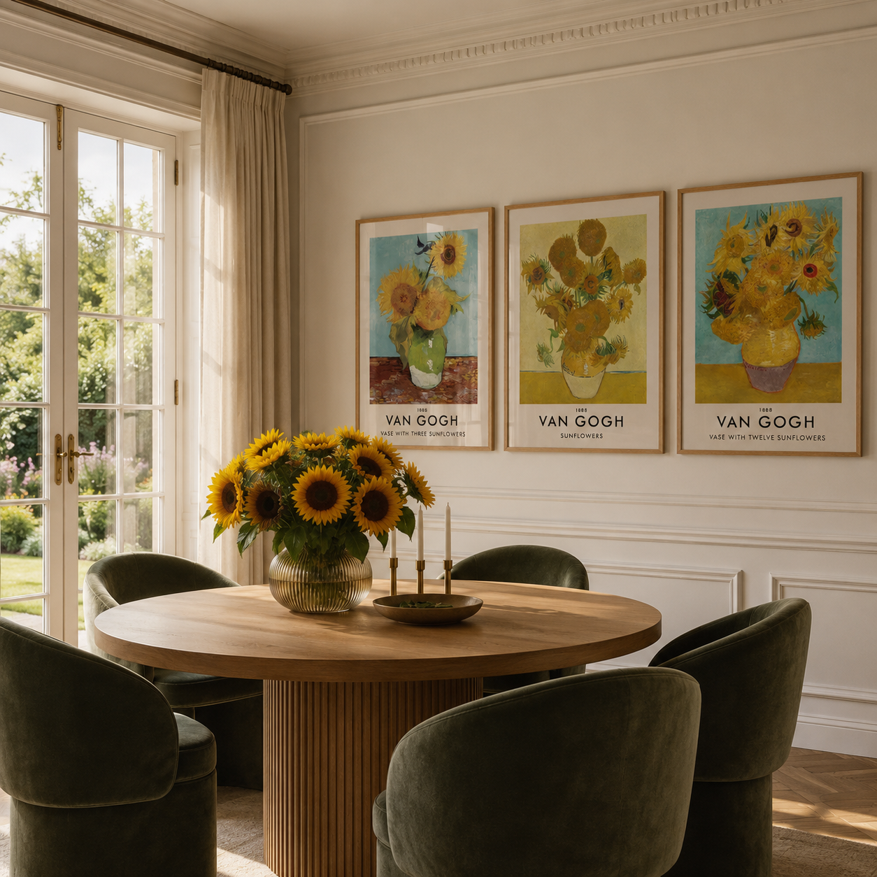 Dining room with a round table and chairs, featuring Van Gogh sunflower paintings on the wall.