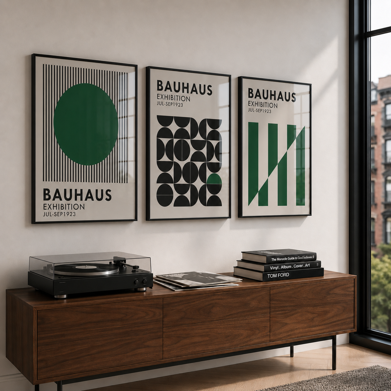 Bauhaus exhibition posters on a wall above a wooden console table with a record player.