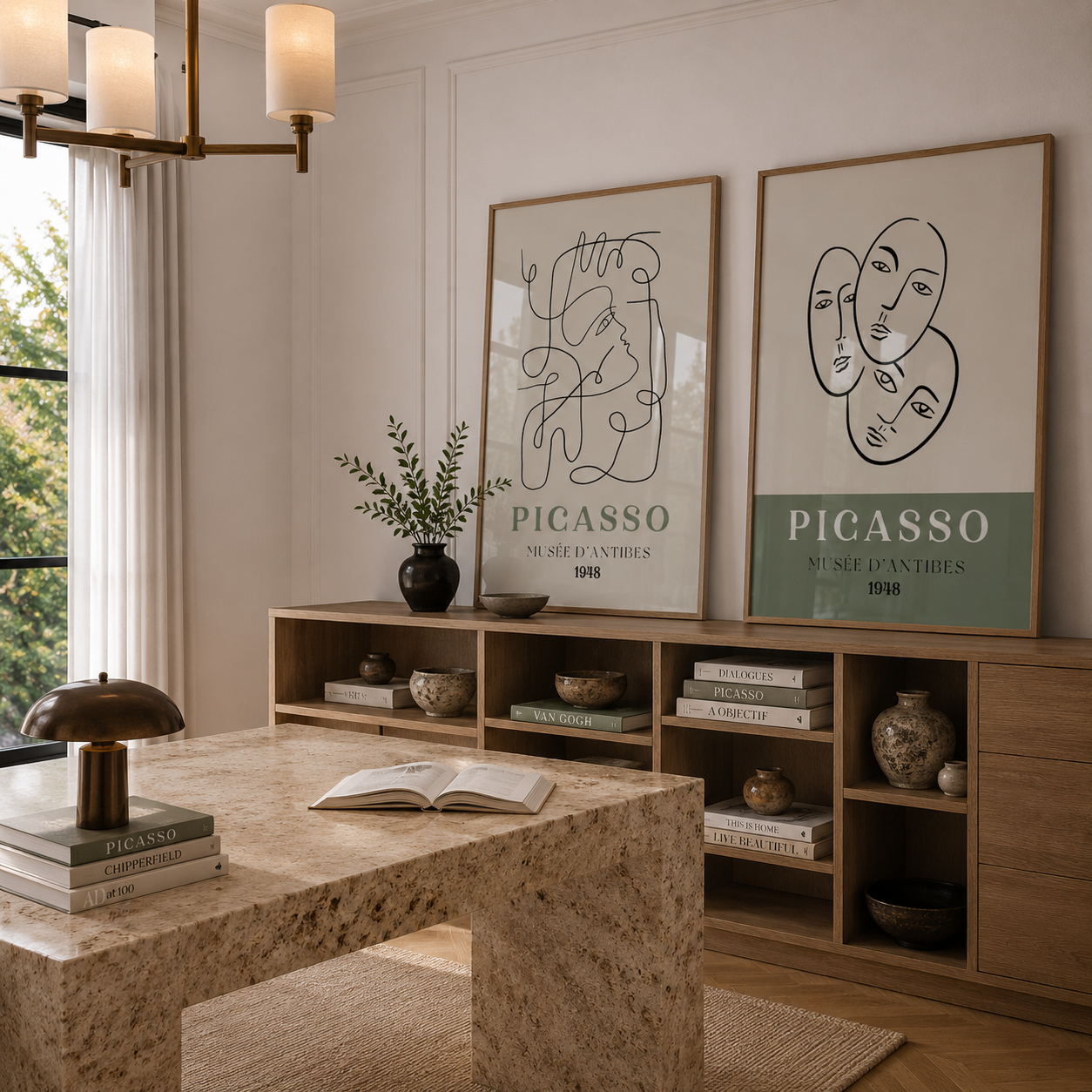 Modern interior with a wooden desk, bookshelf, and greeb Picasso art prints.
