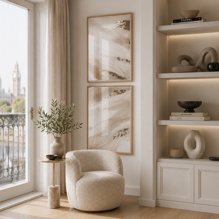 Modern interior with a beige armchair, framed artwork, and decorative shelves.