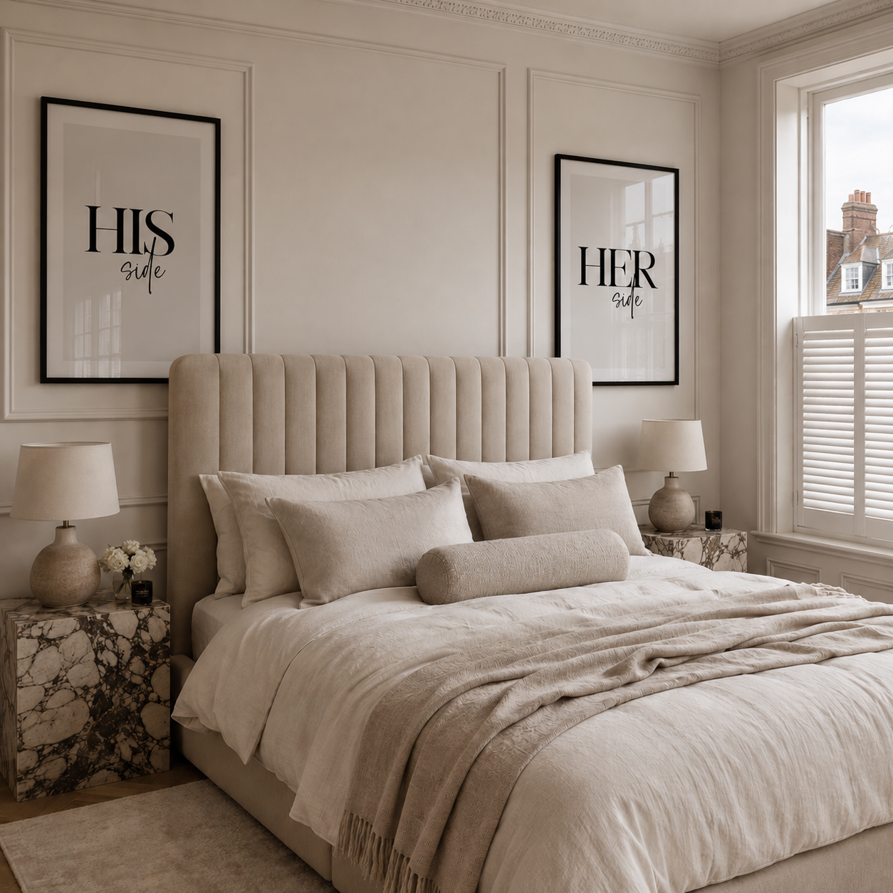 Neatly made bed with beige bedding in a bedroom setting, featuring 'HIS Side' and 'HER Side' wall art.