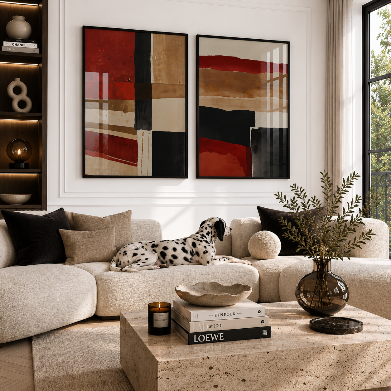 Living room with a beige sofa, abstract art, and decorative items.