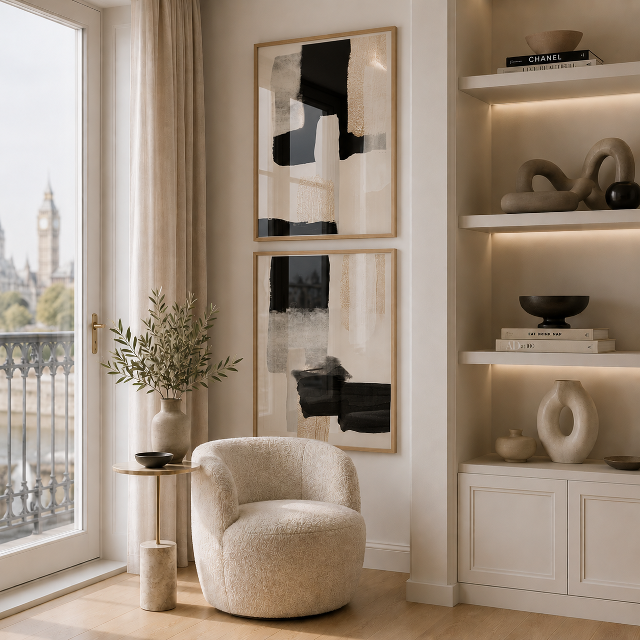 Modern living room with a beige armchair, abstract art, and decorative shelves.