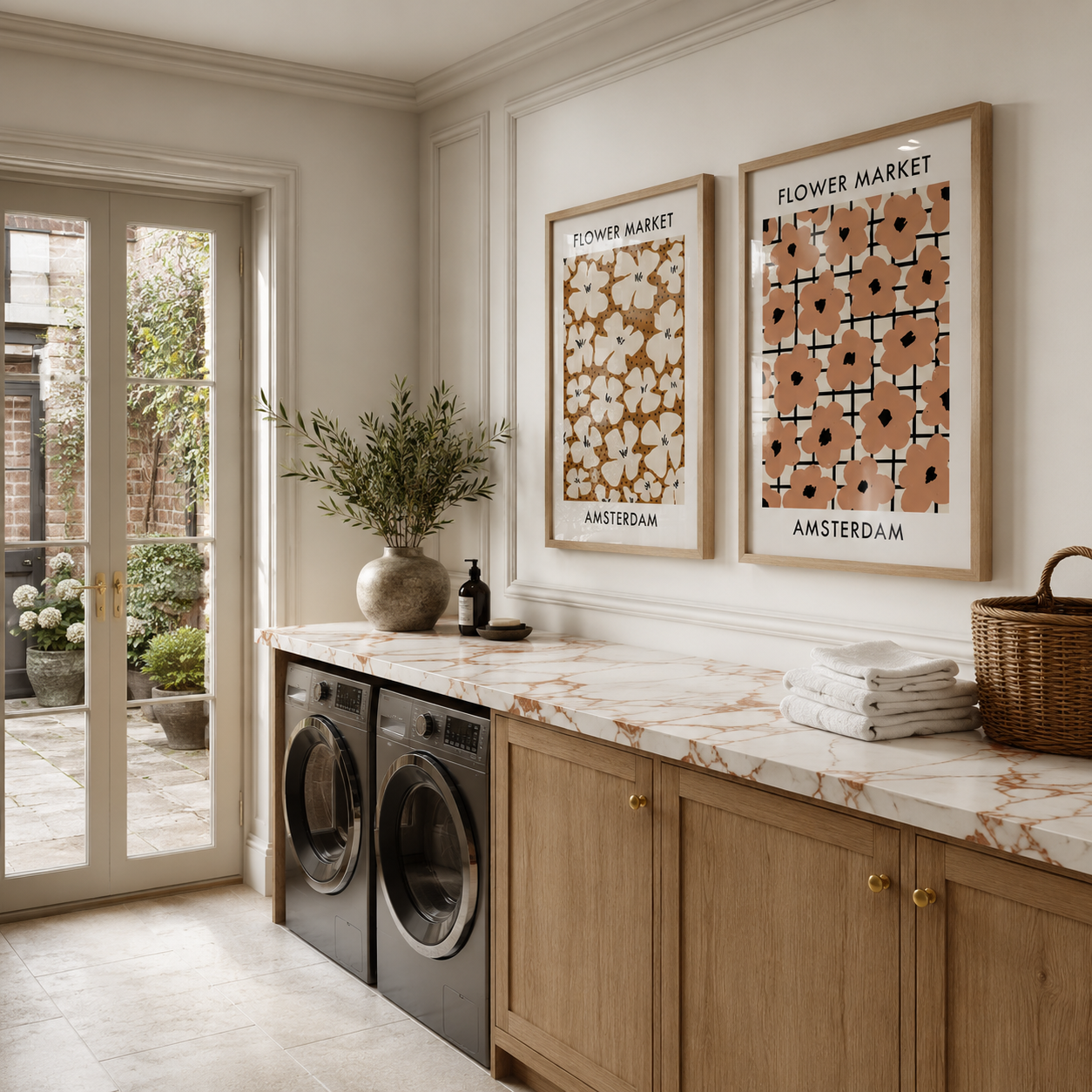 Modern laundry room with marble countertop, washing machines, and decorative elements.