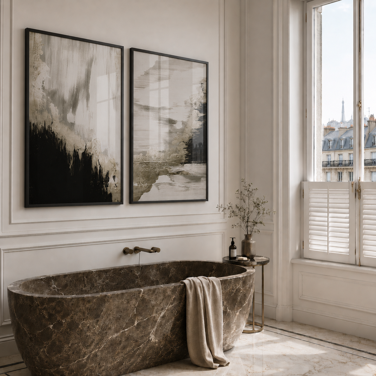 Marble bathtub in a stylish bathroom with abstract art and large windows.