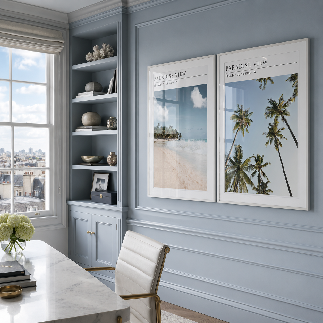 Modern interior with a desk, chair, and wall art depicting beach and palm tree scenes.