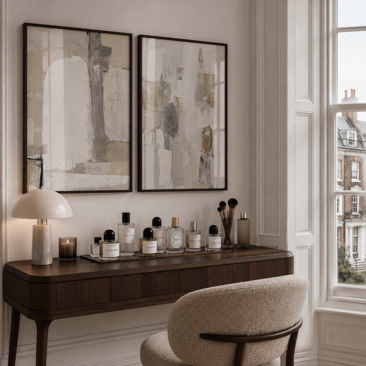 Decorative console table with candles, bottles, and a chair in a room with abstract art on the wall.