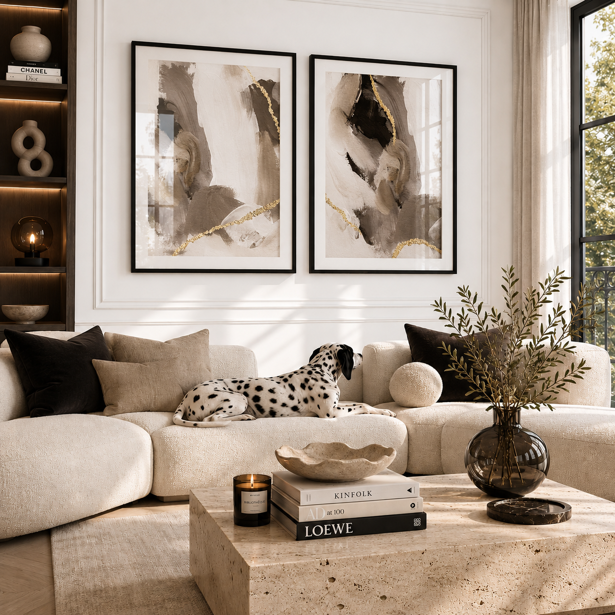 Living room with a sofa, coffee table, and abstract art on the wall.