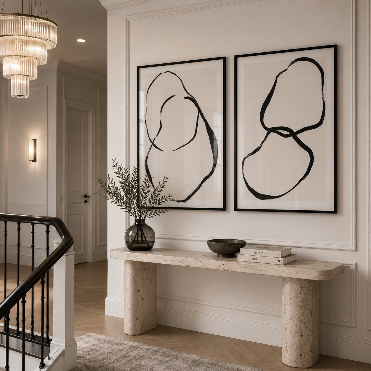 Modern interior with abstract wall art, a stone bench, and decorative items.
