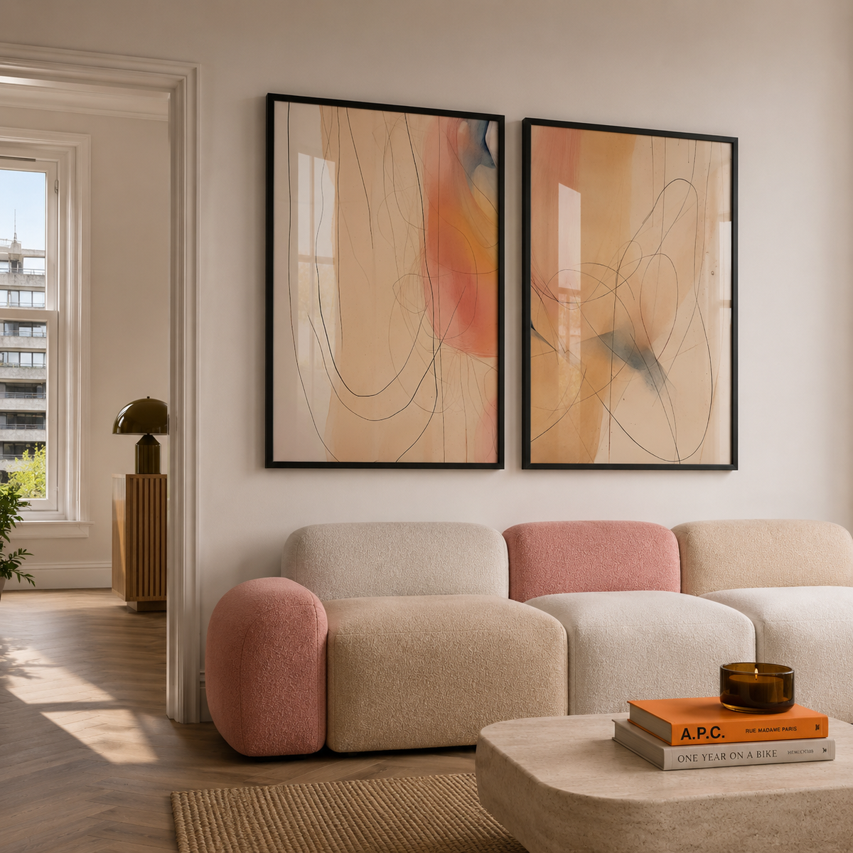 Modern living room with abstract art, a sofa, and a coffee table.