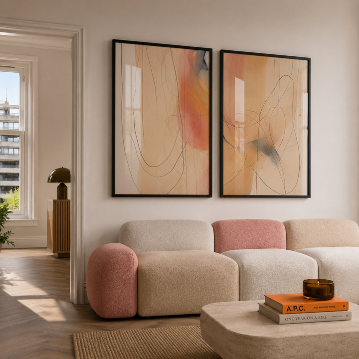 Modern living room with abstract art, a sofa, and a coffee table.