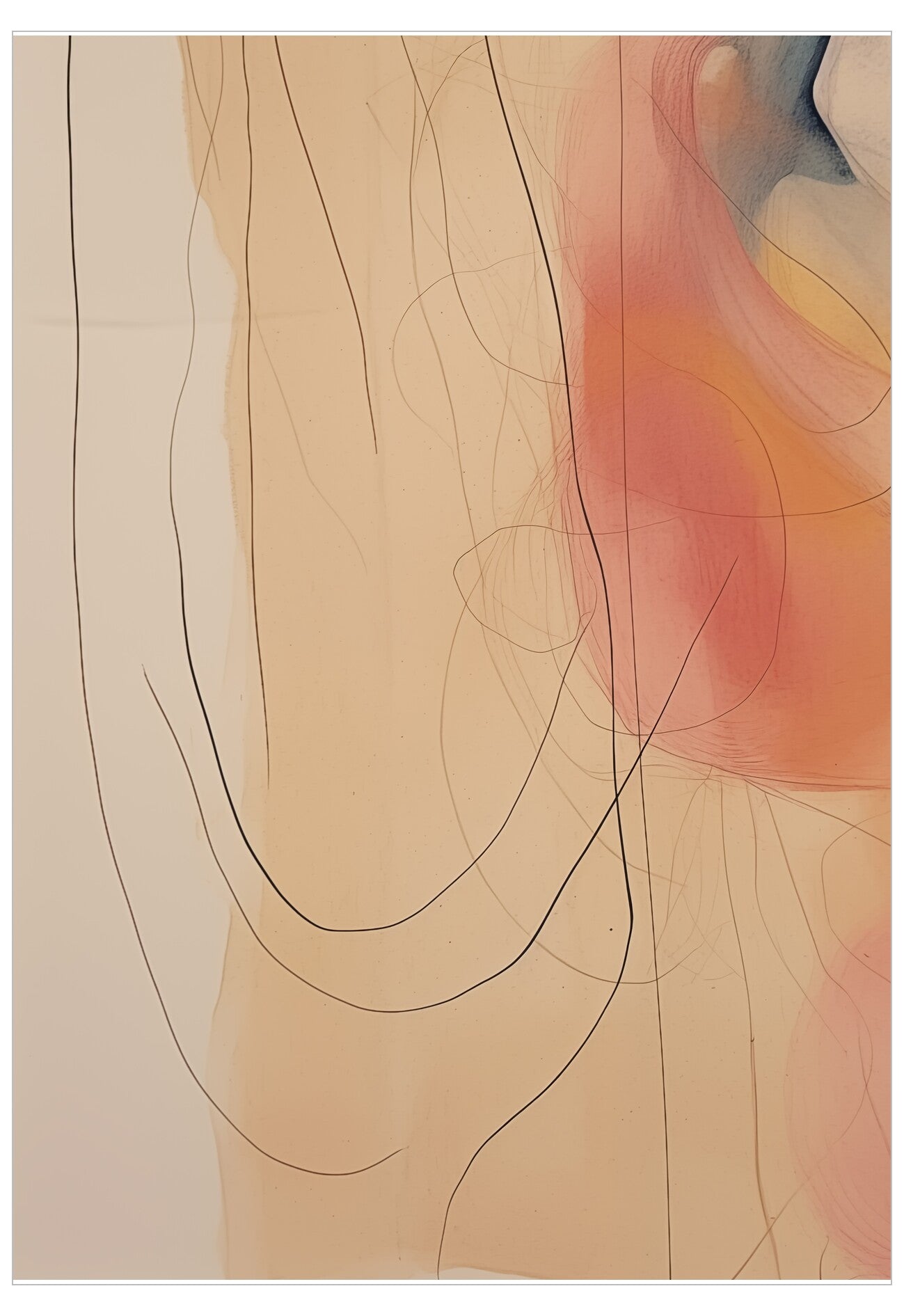 Abstract artwork with wavy lines and color blocks on a beige background