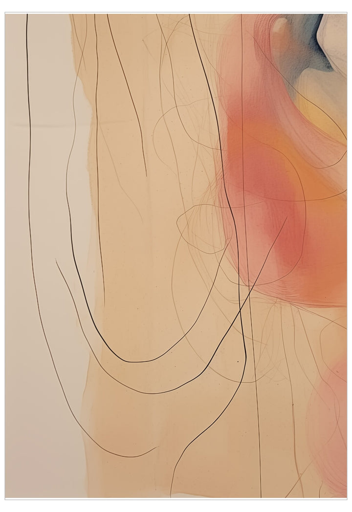 Abstract artwork with wavy lines and color blocks on a beige background