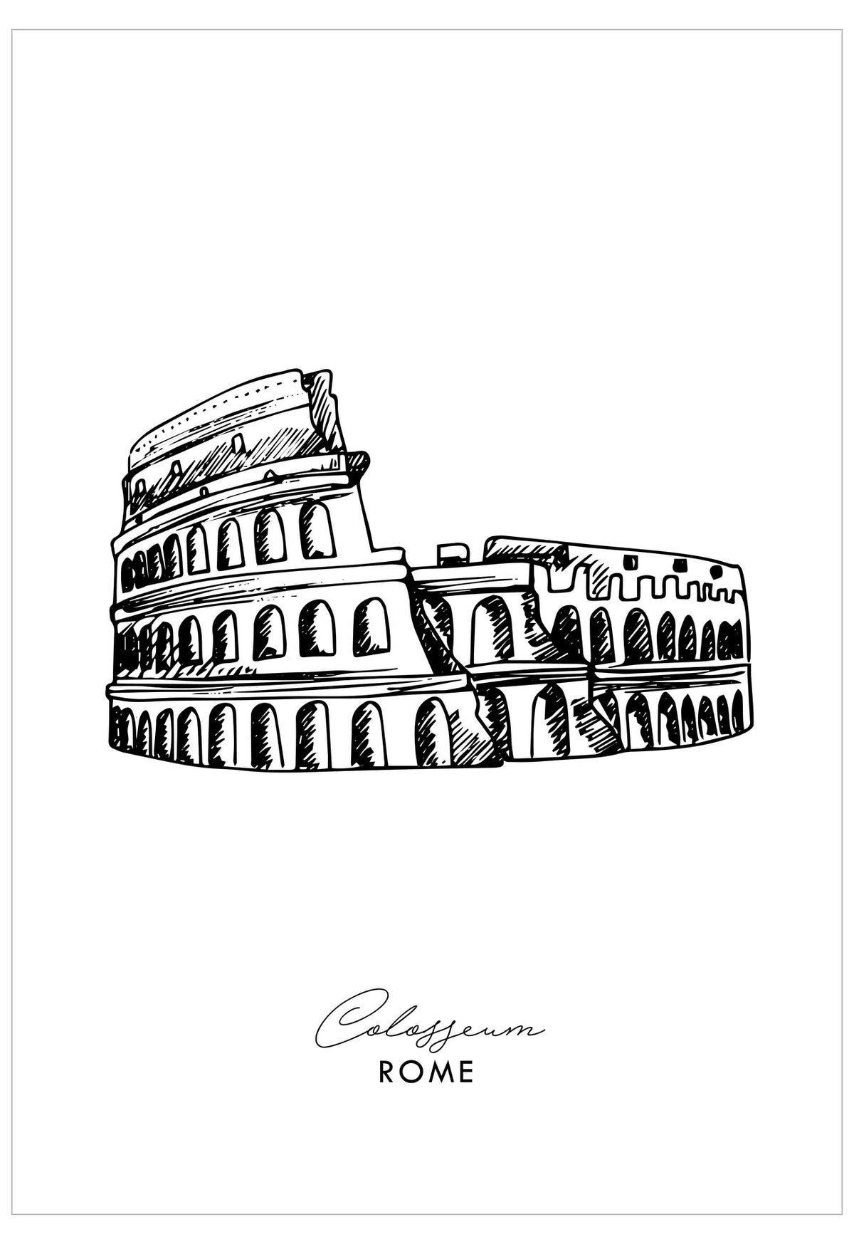 Black and white illustration of the Colosseum in Rome on a white background