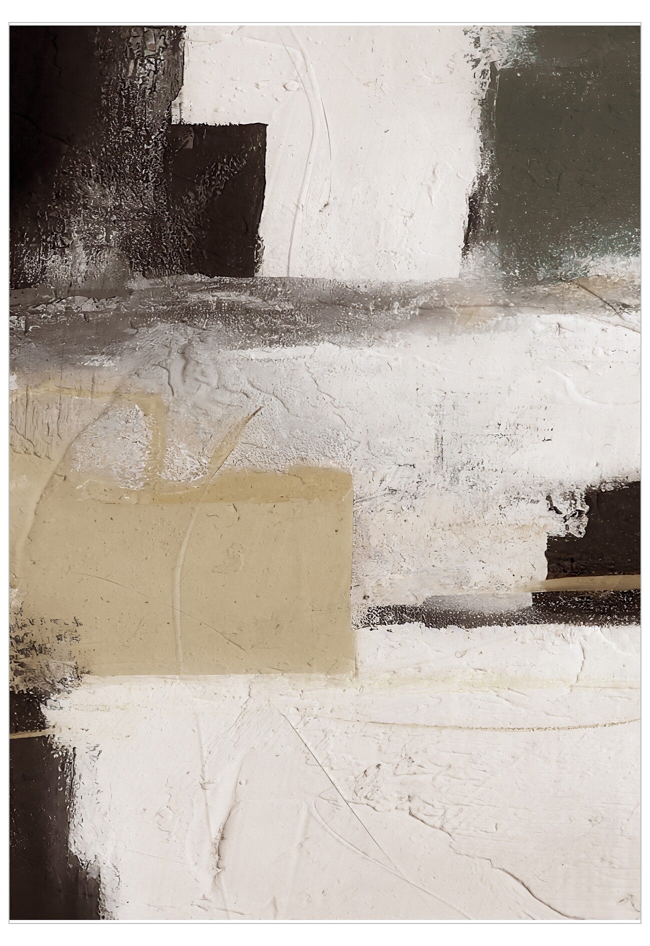 Abstract art piece with black, white, and beige colors