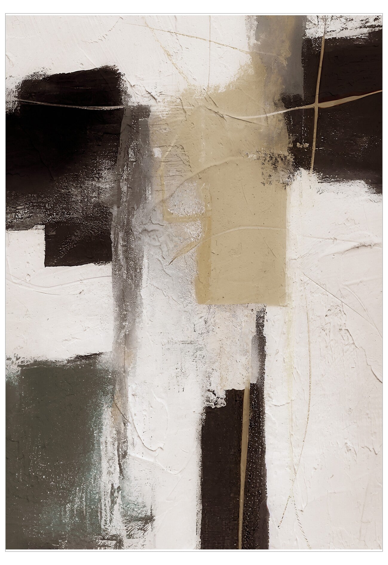 Abstract art piece with black, white, and beige colors on a textured background