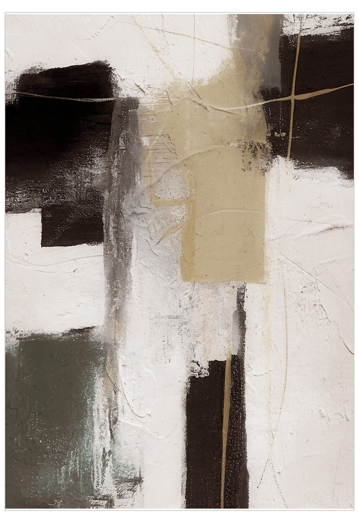 Abstract art piece with black, white, and beige colors on a textured background