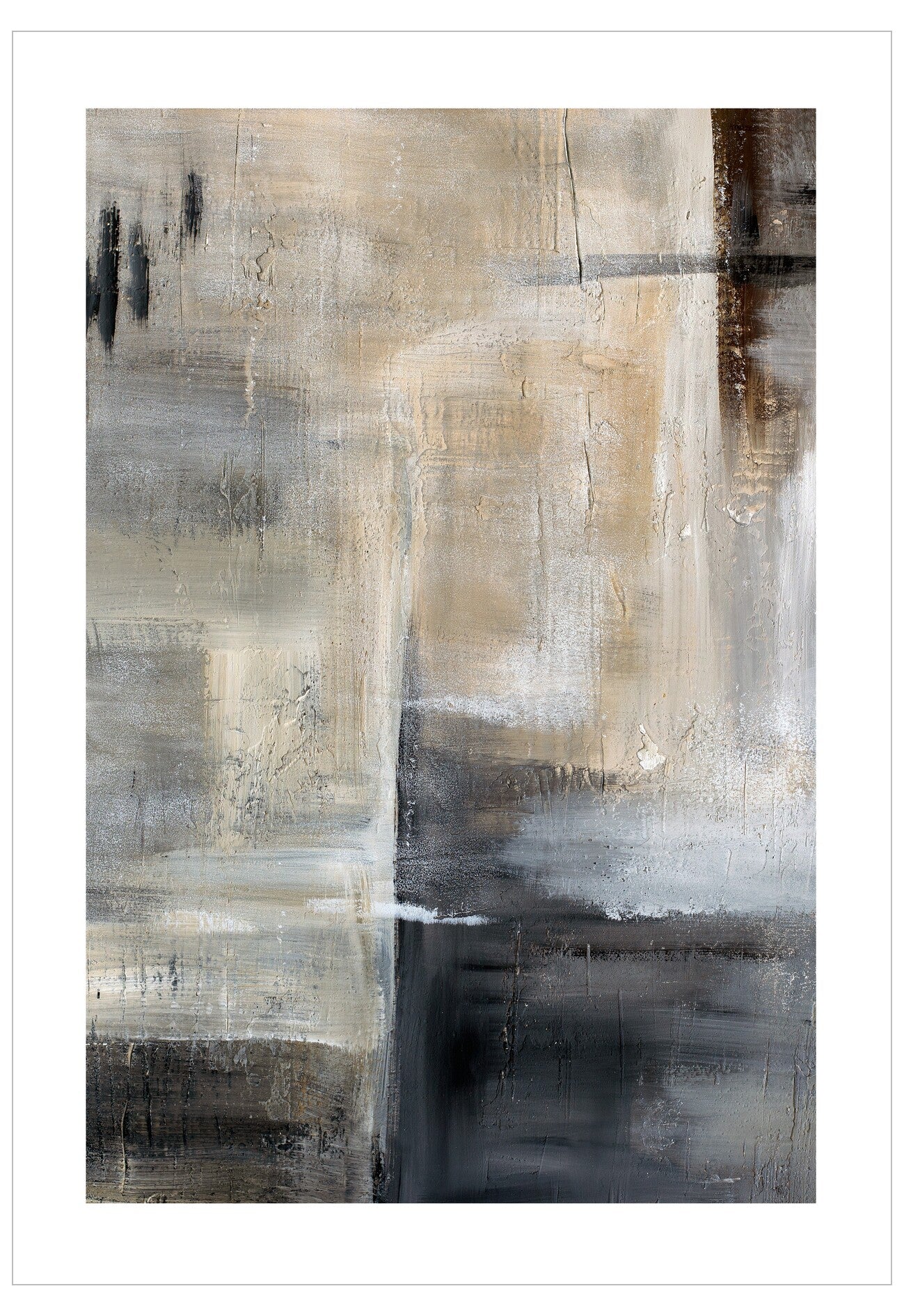 Abstract art painting with brown, black, and white colors on a white background