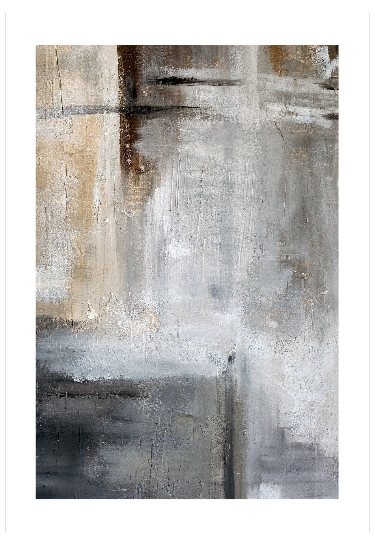 Abstract art painting with a mix of brown, gray, and white colors on a white background.